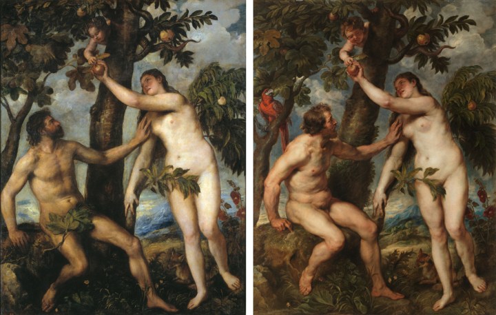 Adán y Eva pintados por Tiziano (h.1550) y por Rubens (1628-1629), Museo del Prado, Madrid