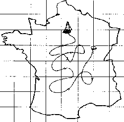 La trayectoria errática de una particula viajando de Paris a Lyon según las leyes cuánticas. (op. cit. p. 84)
