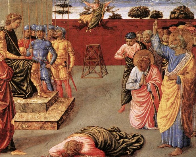 La Caida de Simón el Mago (1400) (Simón el Mago en el suelo, Nerón en el trono, Pedro de rodillas rezando y Juan haciendo la señal de la cruz)