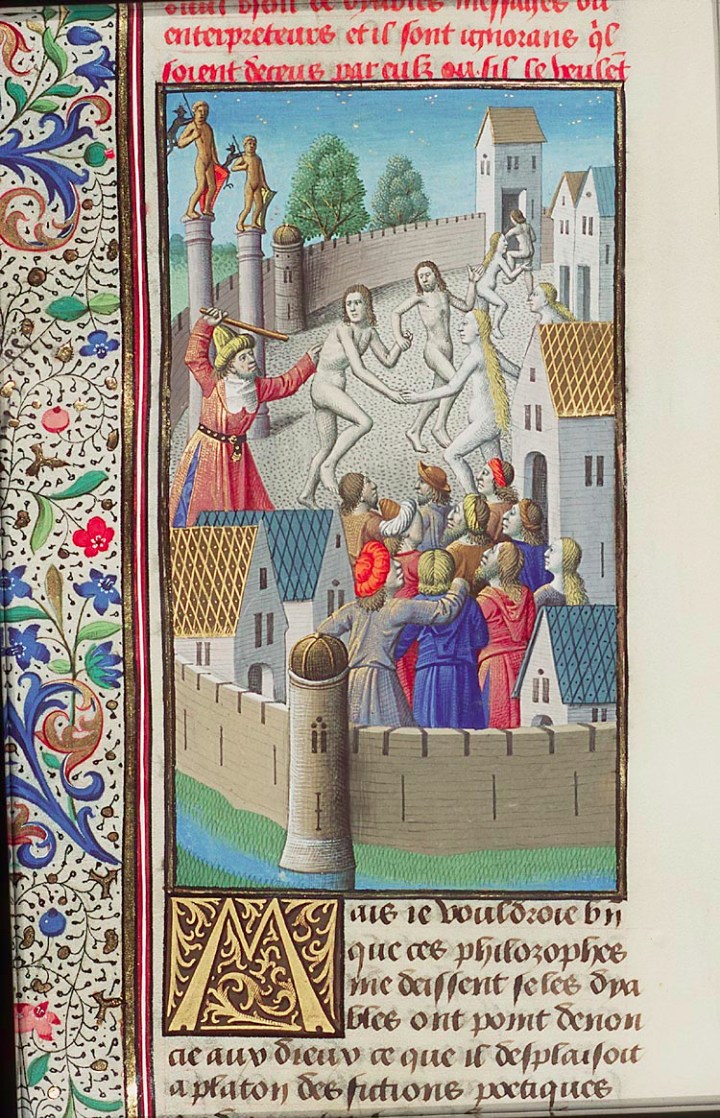 Platón persiguiendo por la ciudad a un grupo de danzantes desnudos MMW, 10 A 11, fol. 388v, libro 8, 21
