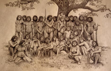 Recreación de un grupo de Homo heidelbergensis,en base a los restos hallados en la Sima de los Huesos.