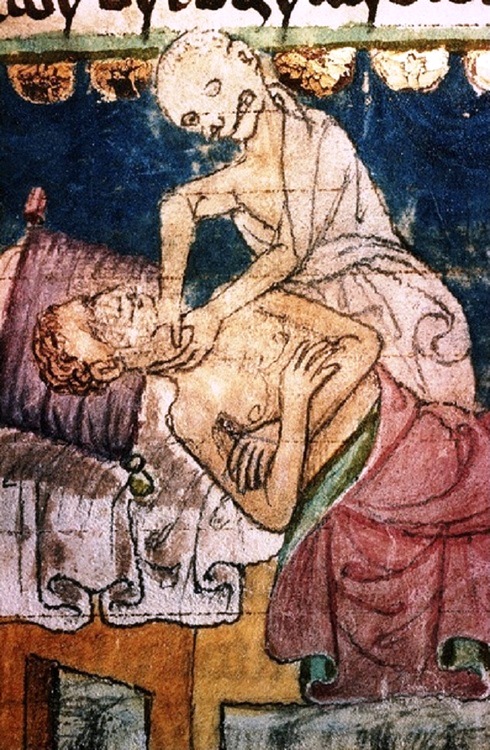 Death Strangling a Victim of the Plague (Detail). Stiny Codex, 14th century. University Library, Prague, Czech Republic.
